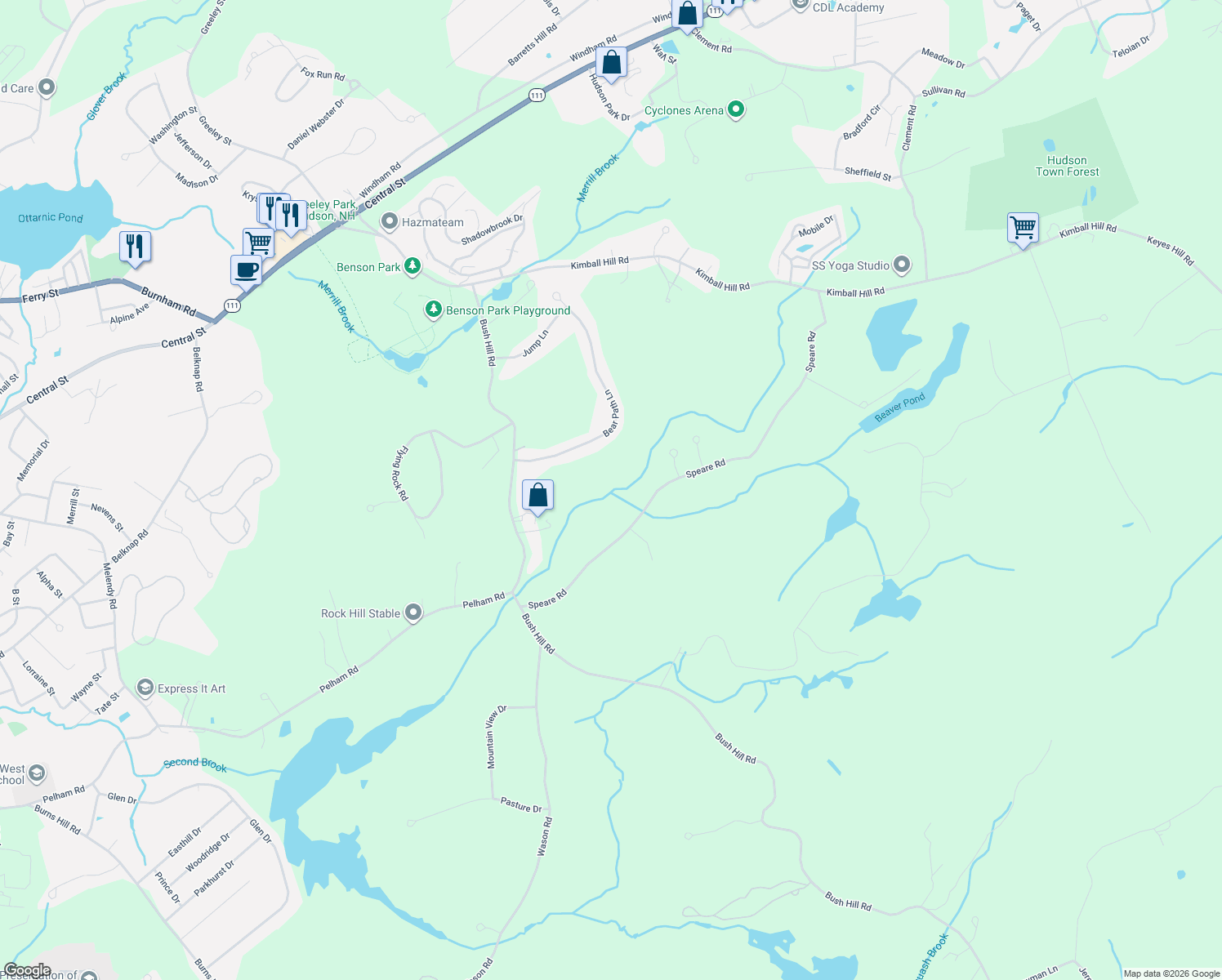 map of restaurants, bars, coffee shops, grocery stores, and more near 19 Bear Path Lane in Hudson