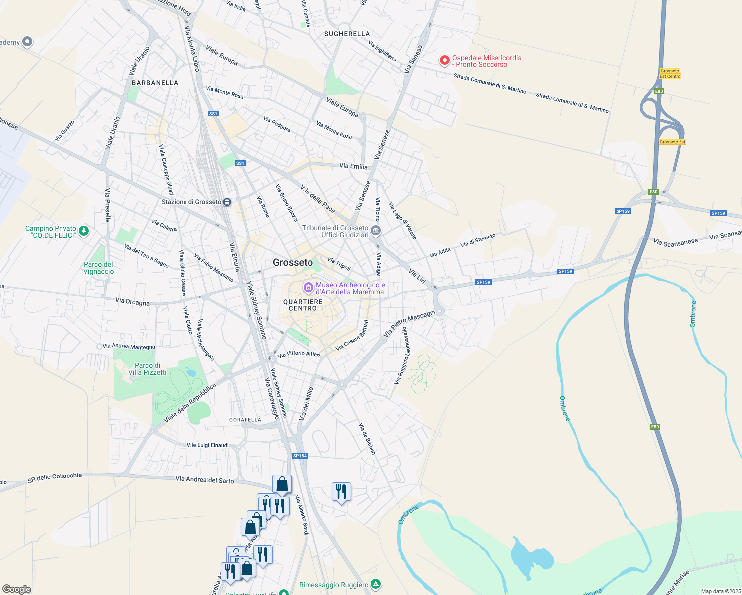 map of restaurants, bars, coffee shops, grocery stores, and more near 13 Via Bengasi in Grosseto