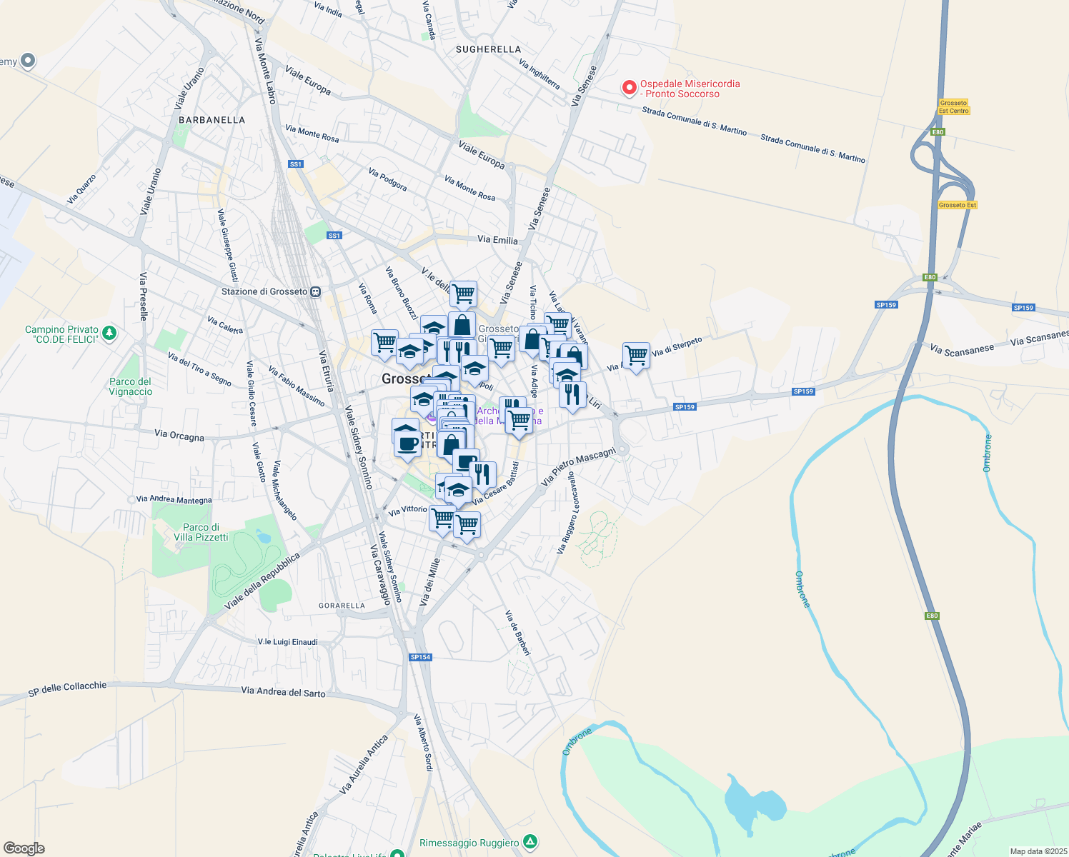 map of restaurants, bars, coffee shops, grocery stores, and more near 13 Via Bengasi in Grosseto
