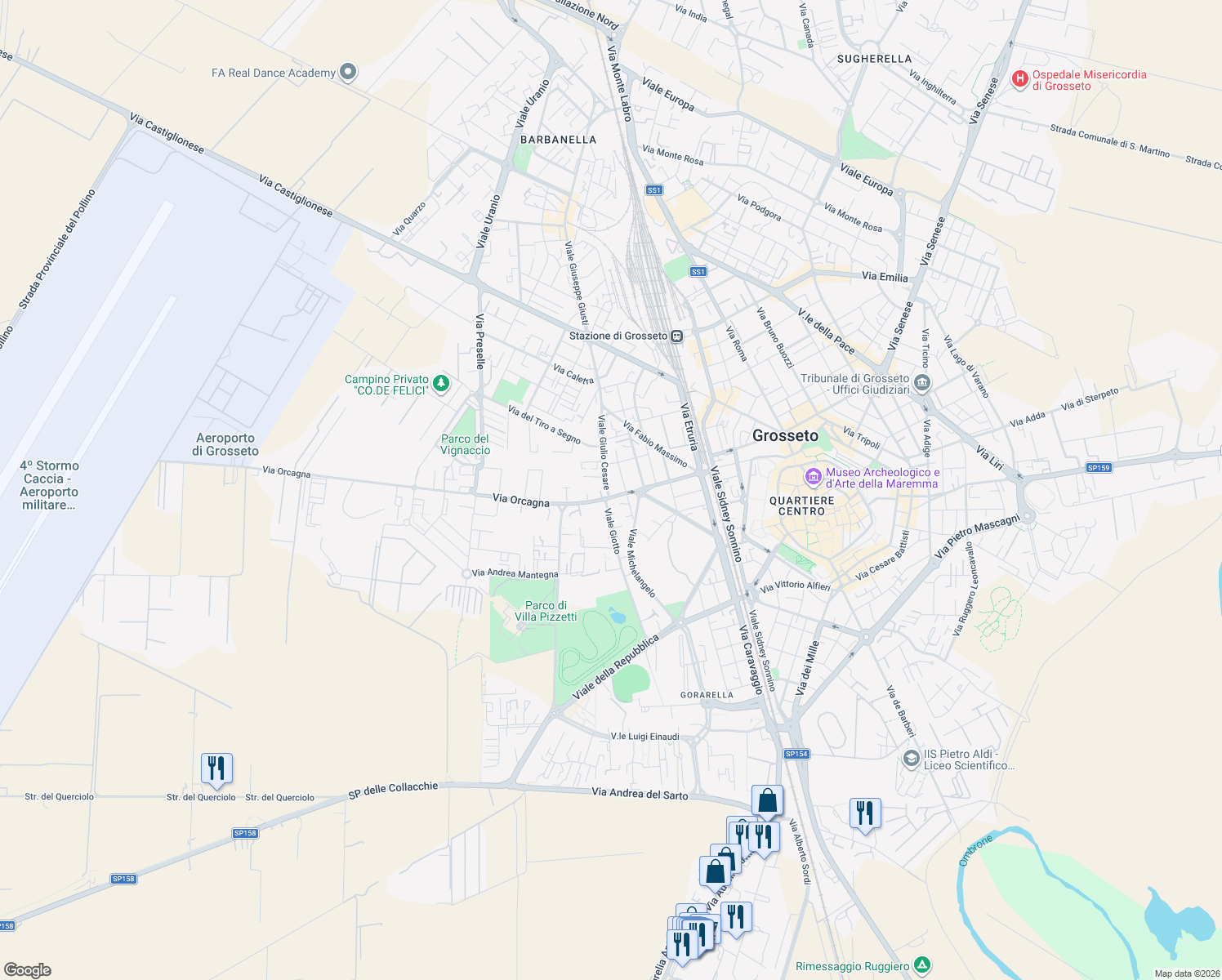 map of restaurants, bars, coffee shops, grocery stores, and more near 6-10 Viale Giulio Cesare in Grosseto
