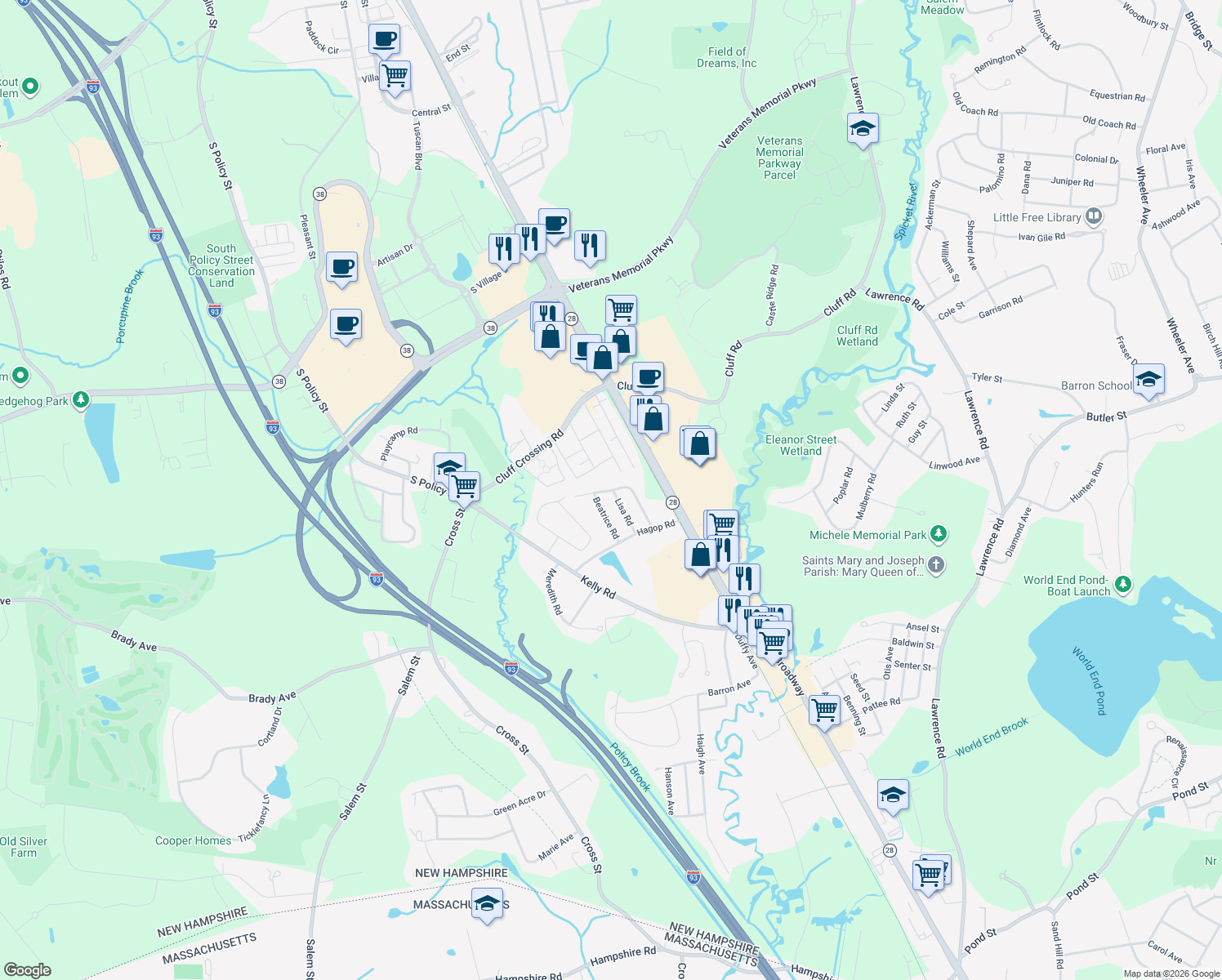 map of restaurants, bars, coffee shops, grocery stores, and more near Carnick Road in Salem