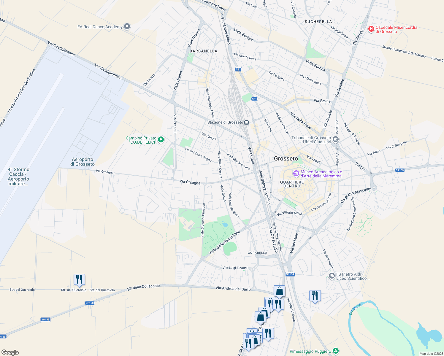 map of restaurants, bars, coffee shops, grocery stores, and more near 6-10 Viale Giulio Cesare in Grosseto