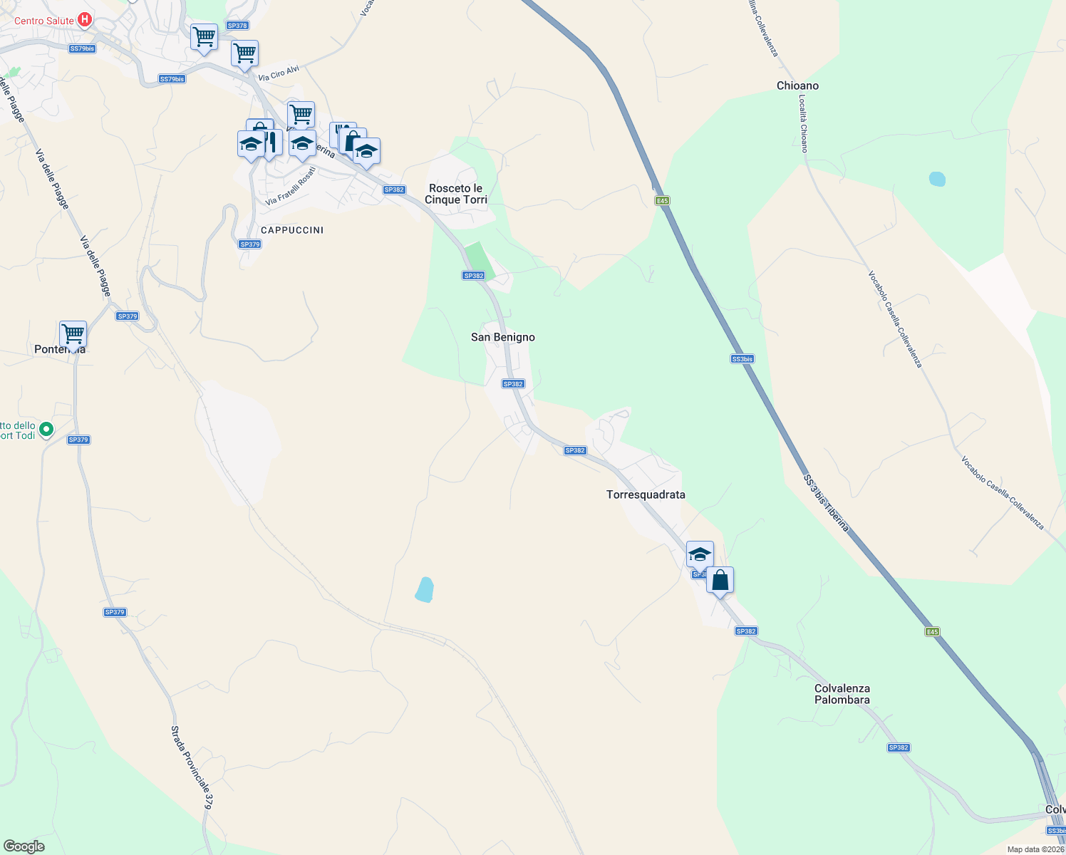 map of restaurants, bars, coffee shops, grocery stores, and more near 157/a Vocabolo Torresquadrata in Perugia