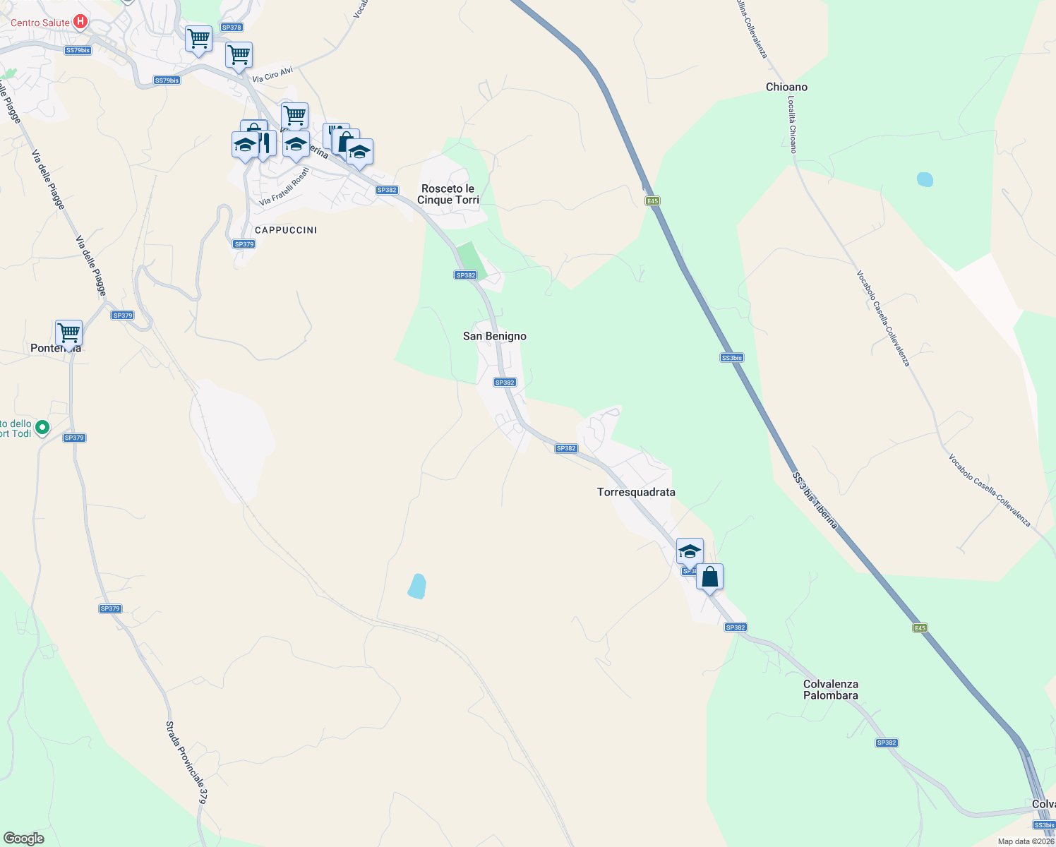 map of restaurants, bars, coffee shops, grocery stores, and more near 157 Vocabolo Torresquadrata in San Benigno