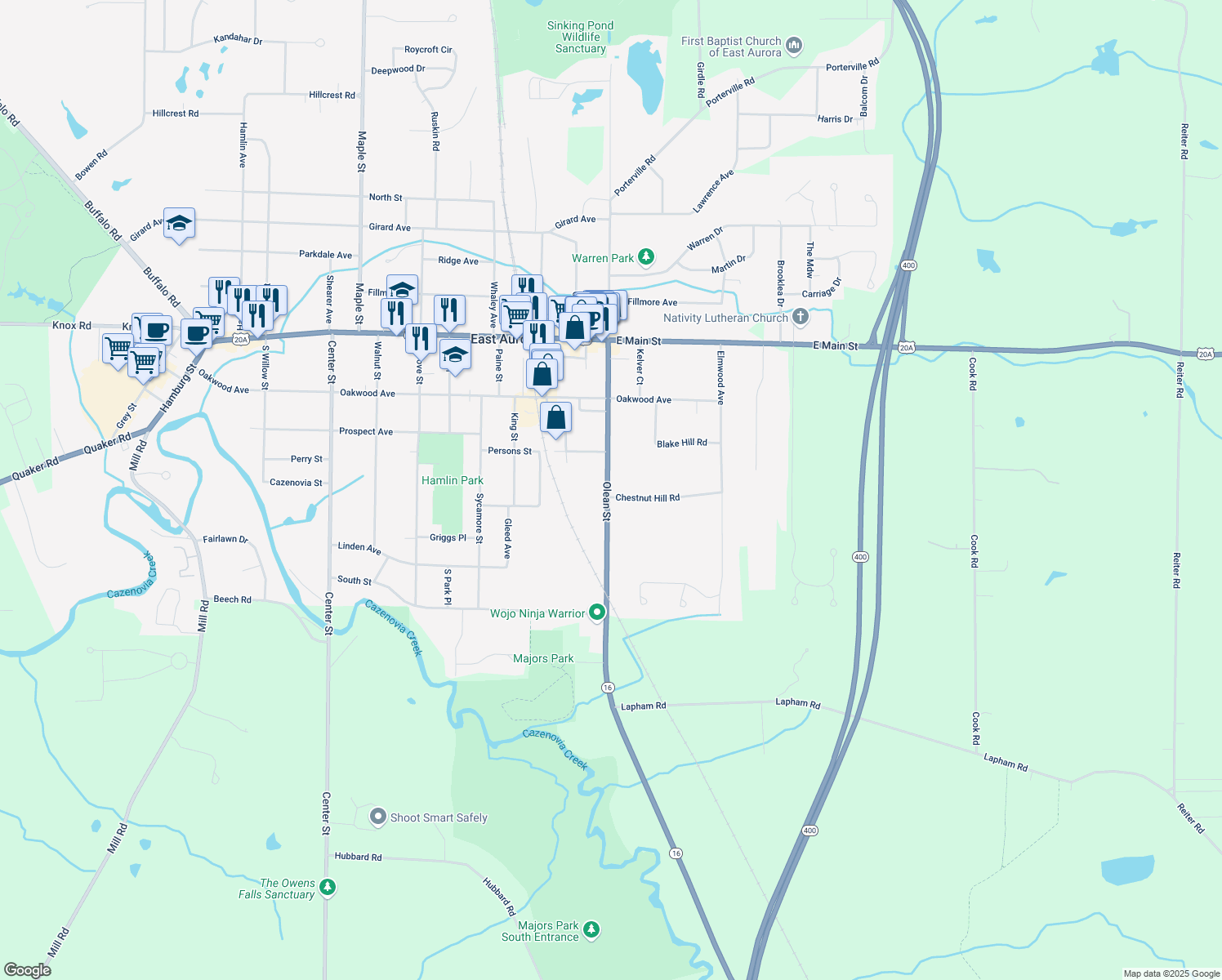 map of restaurants, bars, coffee shops, grocery stores, and more near 218 Olean St in East Aurora