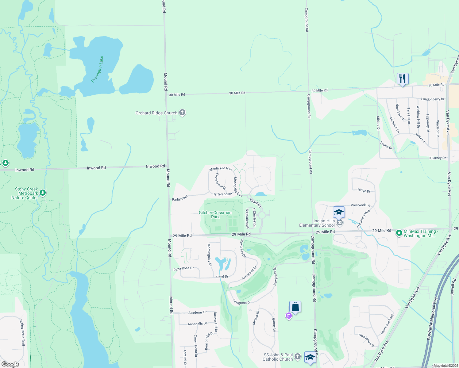 map of restaurants, bars, coffee shops, grocery stores, and more near 63642 Dover Ct in Macomb