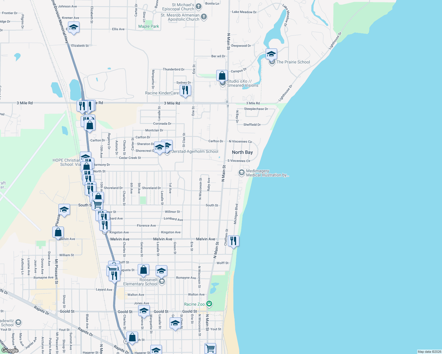 map of restaurants, bars, coffee shops, grocery stores, and more near 407 Jonathon Dr in Racine