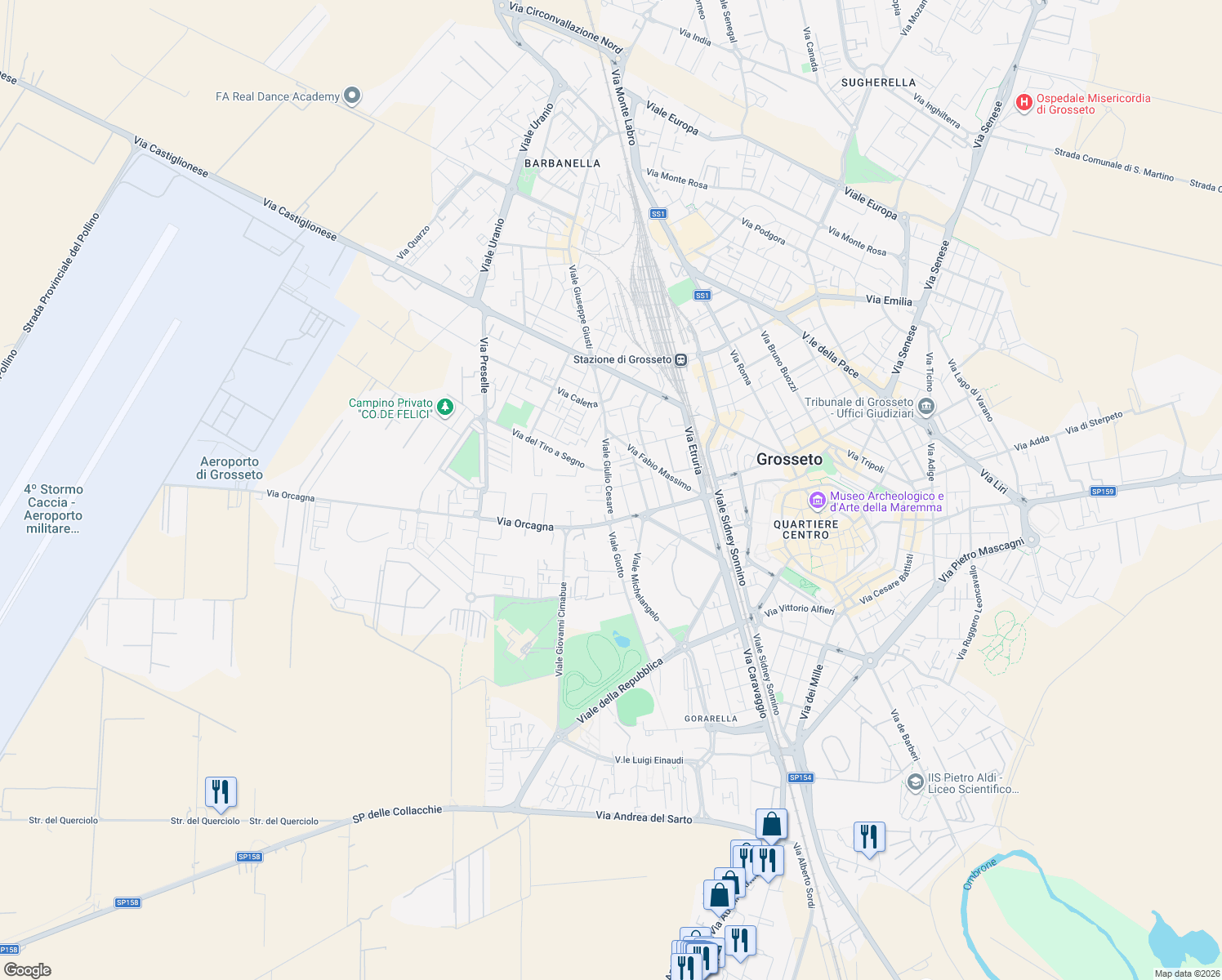 map of restaurants, bars, coffee shops, grocery stores, and more near 10 Viale Giulio Cesare in Grosseto