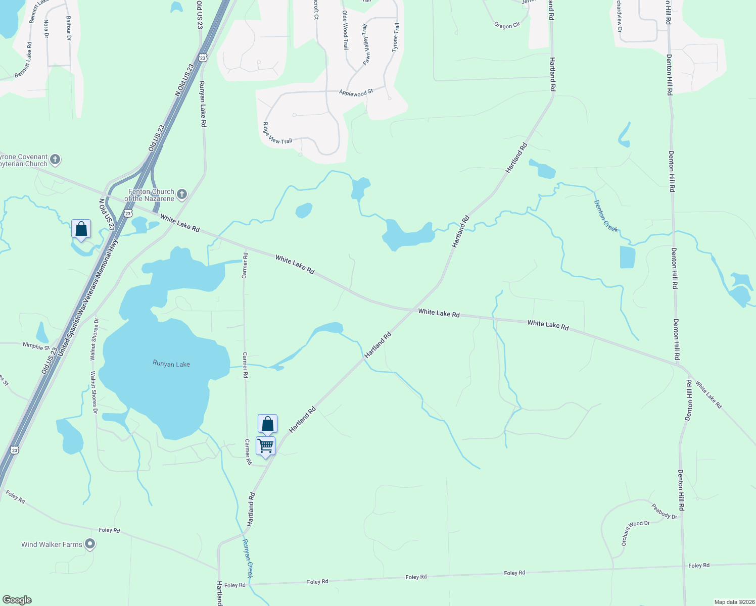 map of restaurants, bars, coffee shops, grocery stores, and more near 11436 White Lake Road in Fenton