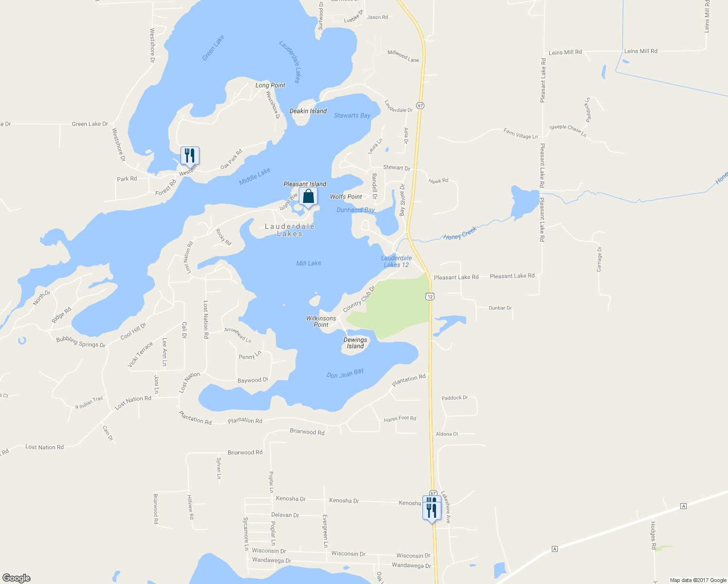 map of restaurants, bars, coffee shops, grocery stores, and more near N7469 Country Club Drive in Elkhorn