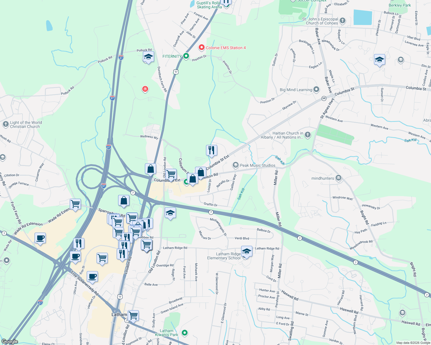 map of restaurants, bars, coffee shops, grocery stores, and more near 14 Johnson Rd in Latham
