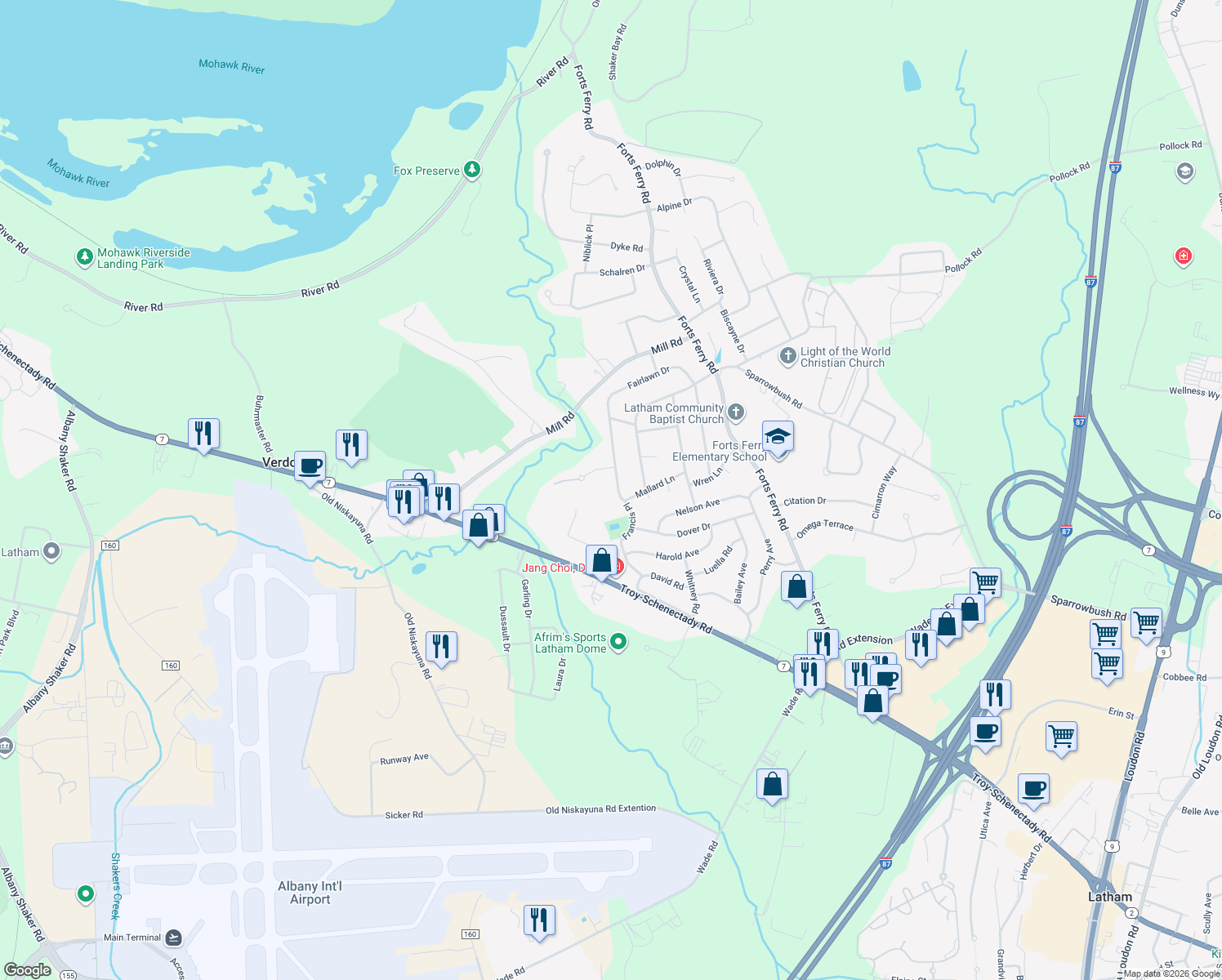 map of restaurants, bars, coffee shops, grocery stores, and more near 91 Fairlawn Dr in Latham