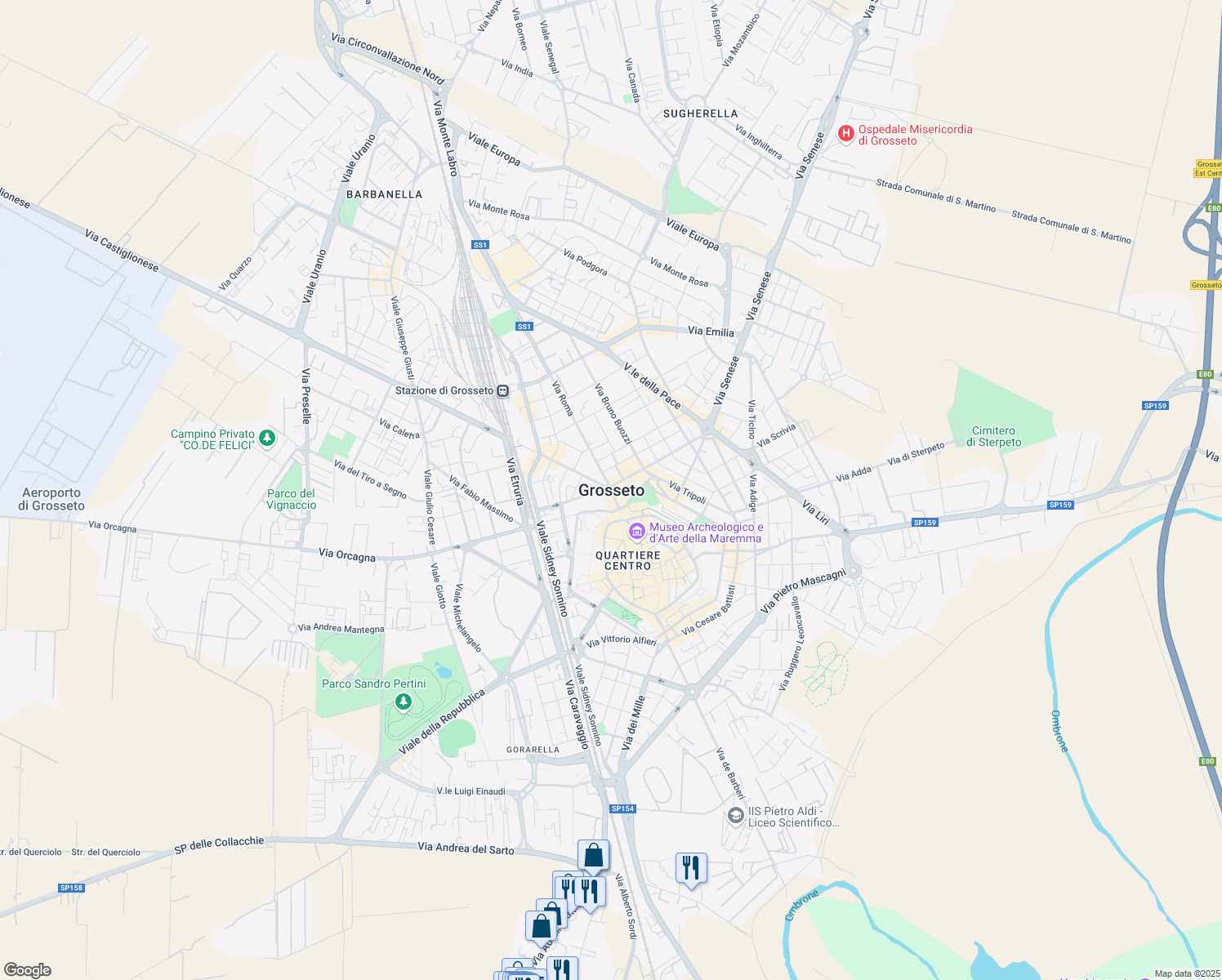 map of restaurants, bars, coffee shops, grocery stores, and more near in Grosseto