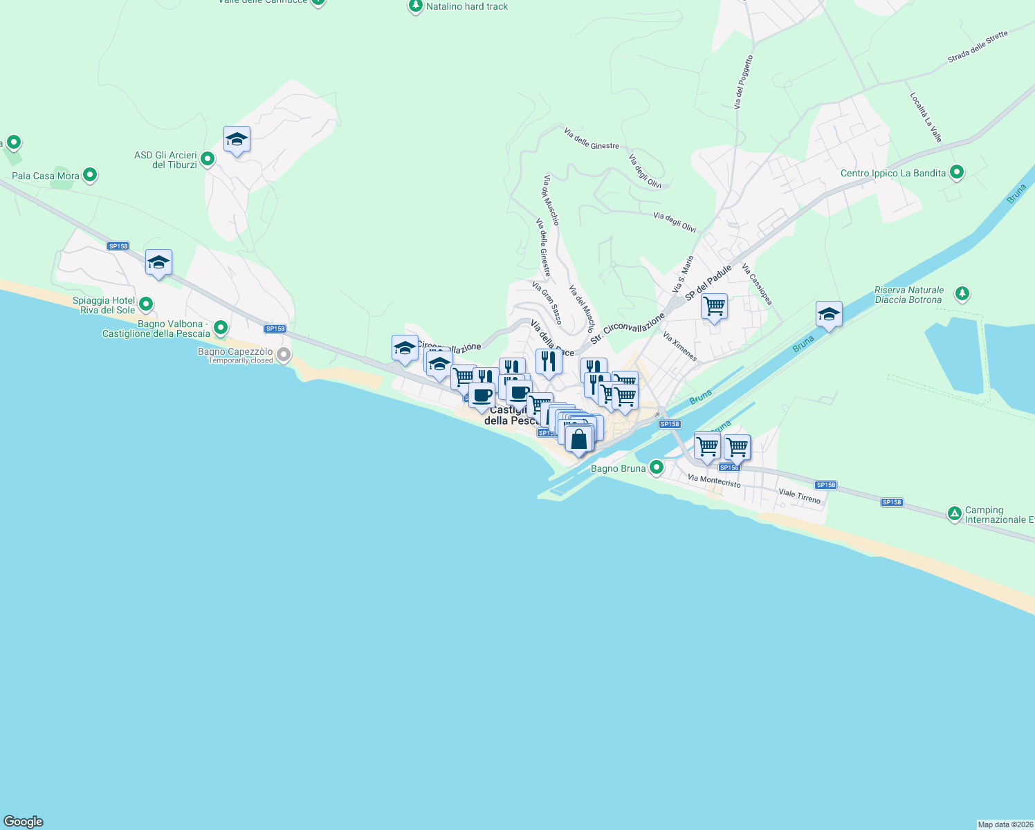 map of restaurants, bars, coffee shops, grocery stores, and more near in Castiglione della Pescaia