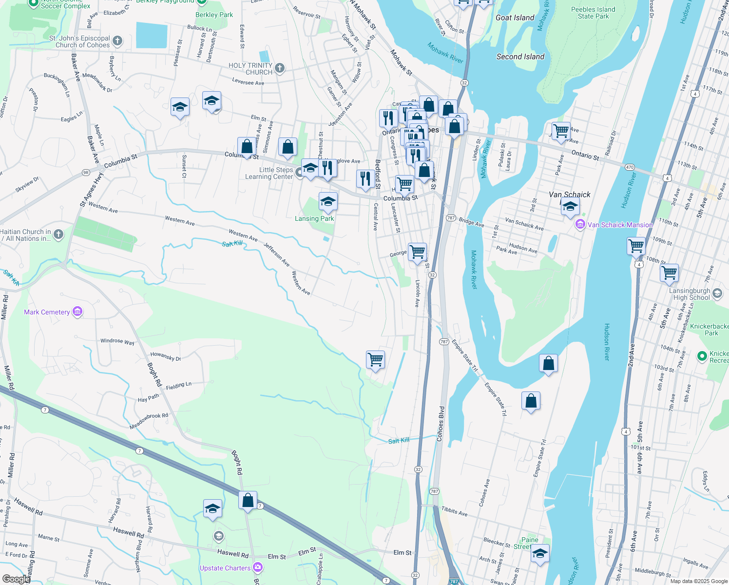 map of restaurants, bars, coffee shops, grocery stores, and more near 1 Grandview Terrace in Cohoes