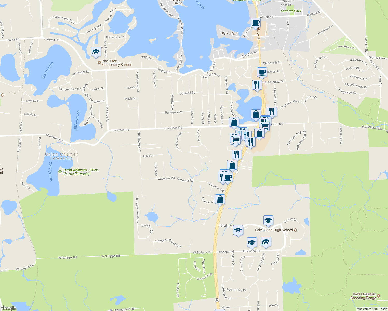 map of restaurants, bars, coffee shops, grocery stores, and more near 1298 Walloon Way in Orion charter Township