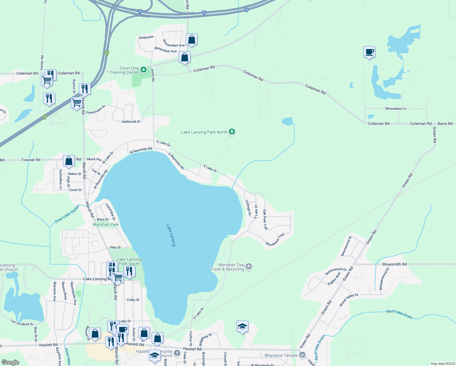 map of restaurants, bars, coffee shops, grocery stores, and more near 6247 East Lake Drive in Meridian Charter Township