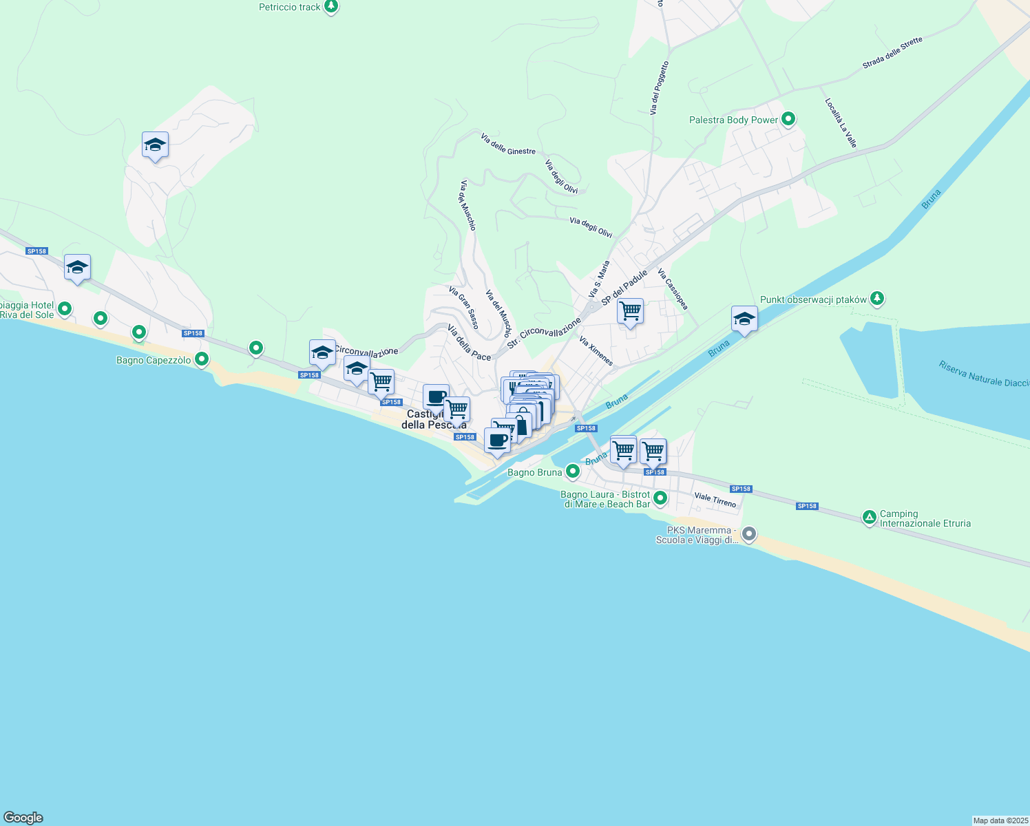 map of restaurants, bars, coffee shops, grocery stores, and more near 8 Via Ospedale in Castiglione della Pescaia