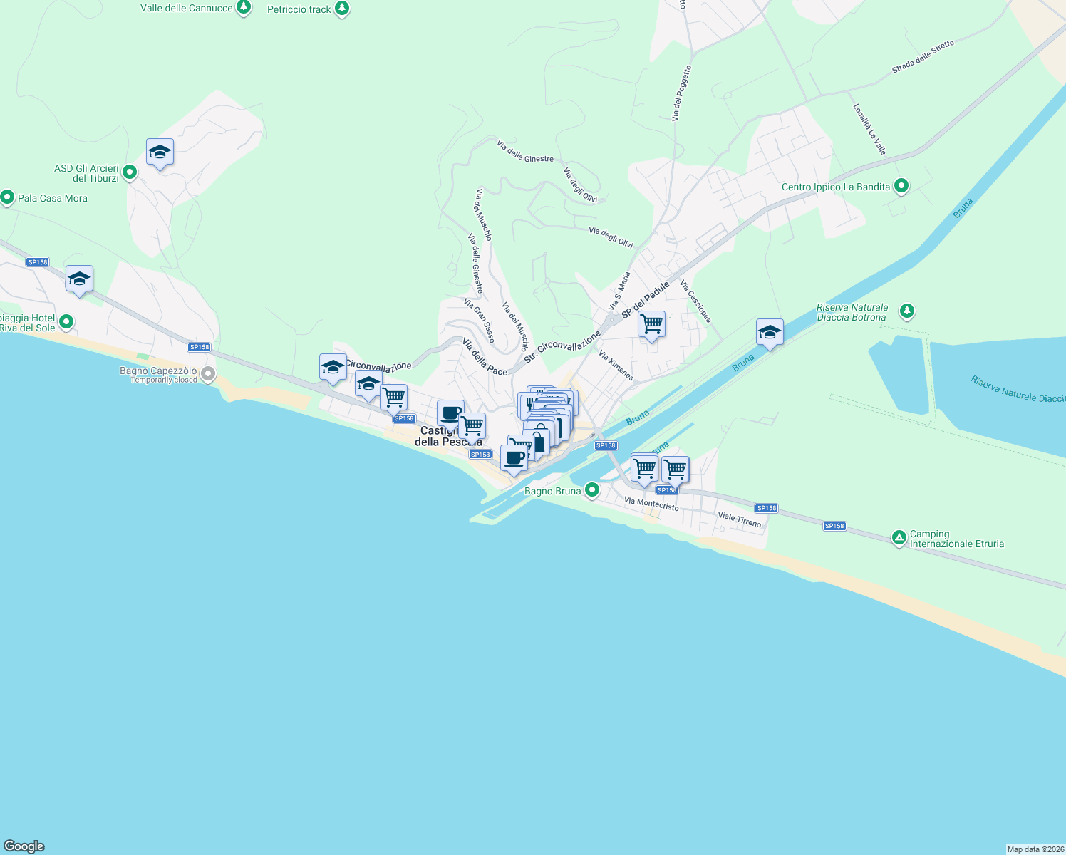 map of restaurants, bars, coffee shops, grocery stores, and more near 8 Via Ospedale in Castiglione della Pescaia