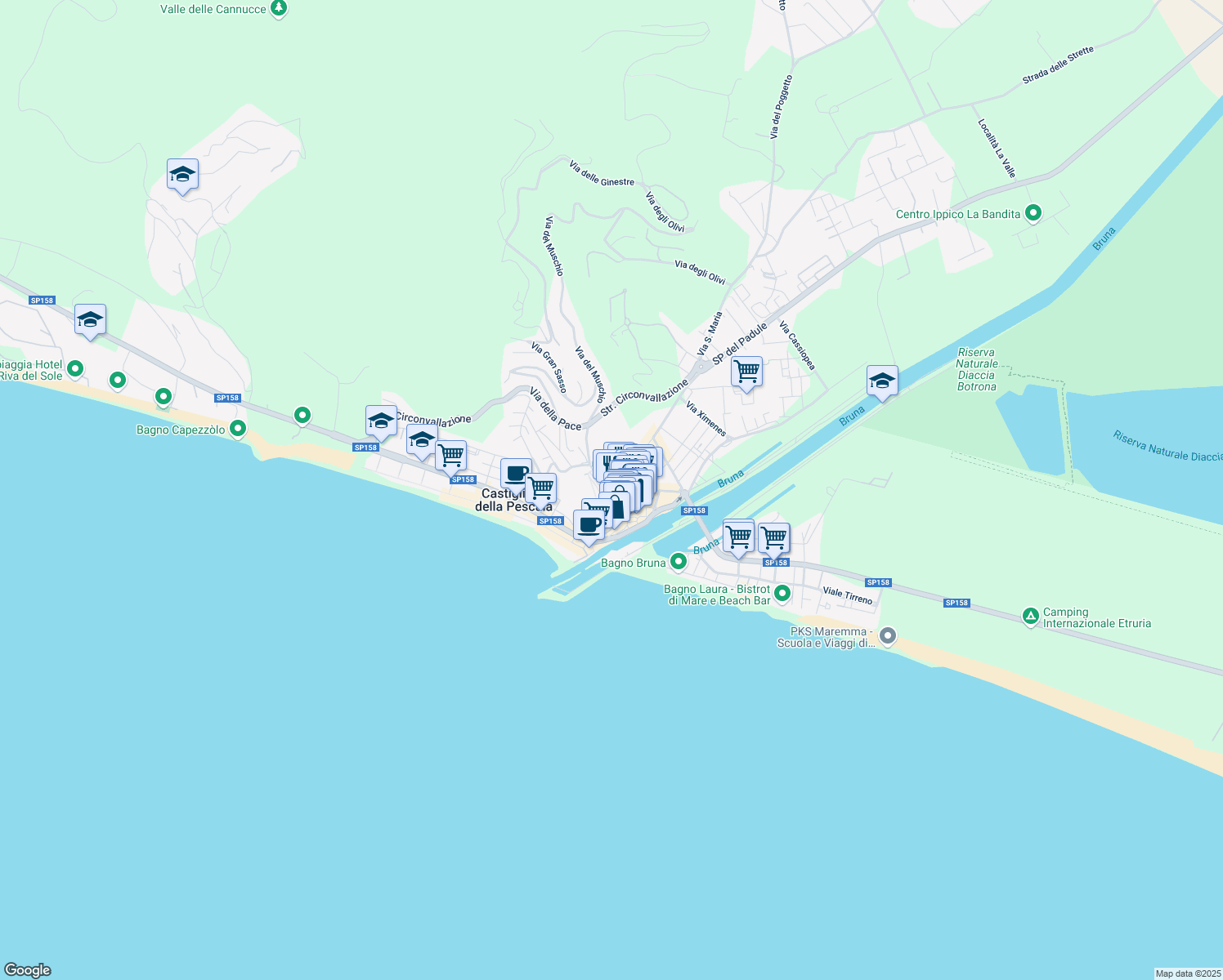 map of restaurants, bars, coffee shops, grocery stores, and more near 8 Via Ospedale in Castiglione della Pescaia