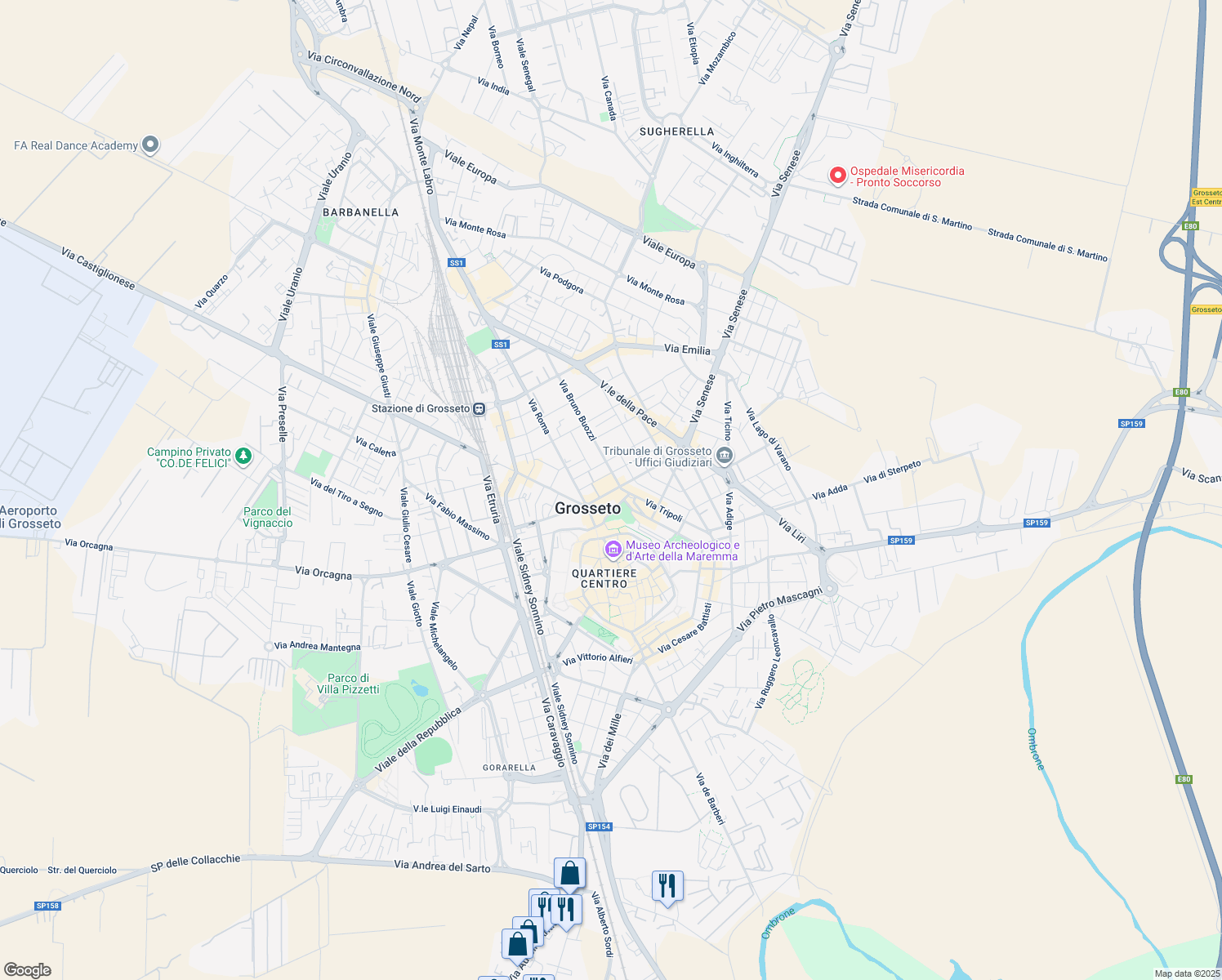 map of restaurants, bars, coffee shops, grocery stores, and more near 17 Via Guglielmo Oberdan in Grosseto
