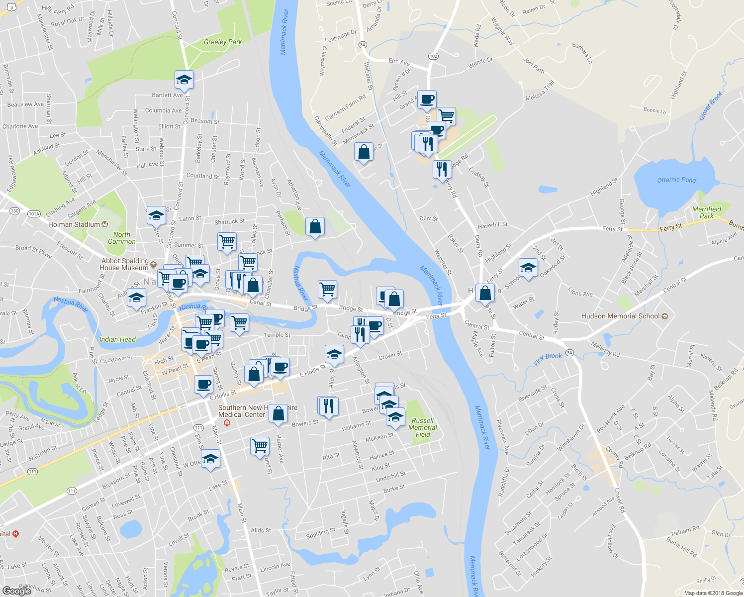 map of restaurants, bars, coffee shops, grocery stores, and more near 10 Sanders Street in Nashua