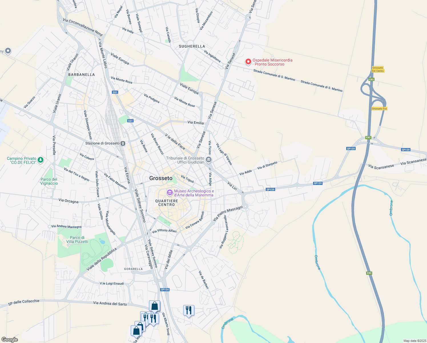 map of restaurants, bars, coffee shops, grocery stores, and more near 17-29 Via Trebbia in Grosseto