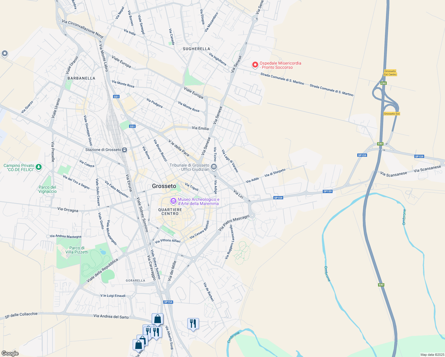 map of restaurants, bars, coffee shops, grocery stores, and more near 29 Via Trebbia in Grosseto