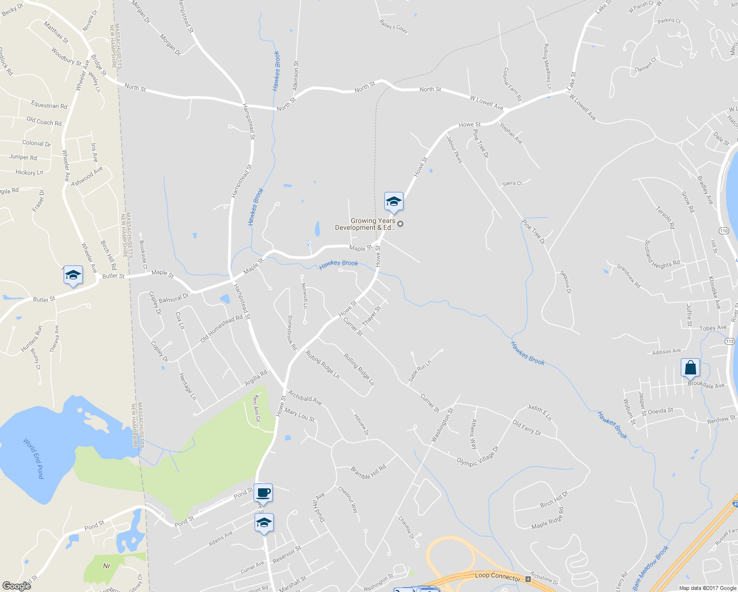 map of restaurants, bars, coffee shops, grocery stores, and more near 359 Howe Street in Methuen