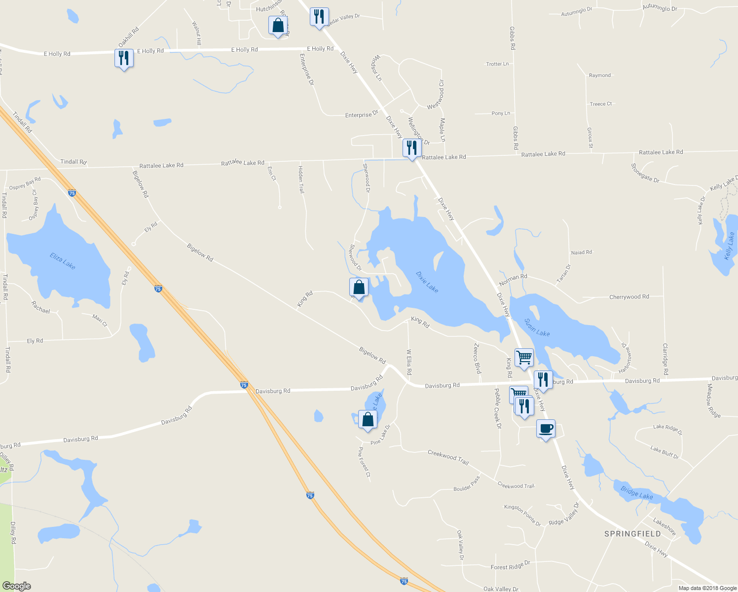 map of restaurants, bars, coffee shops, grocery stores, and more near 10520 King Road in Oakland County