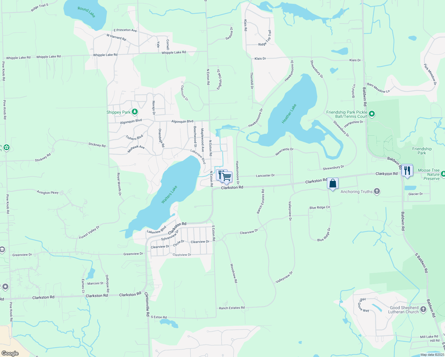 map of restaurants, bars, coffee shops, grocery stores, and more near 4722 Monterey Ave in Clarkston