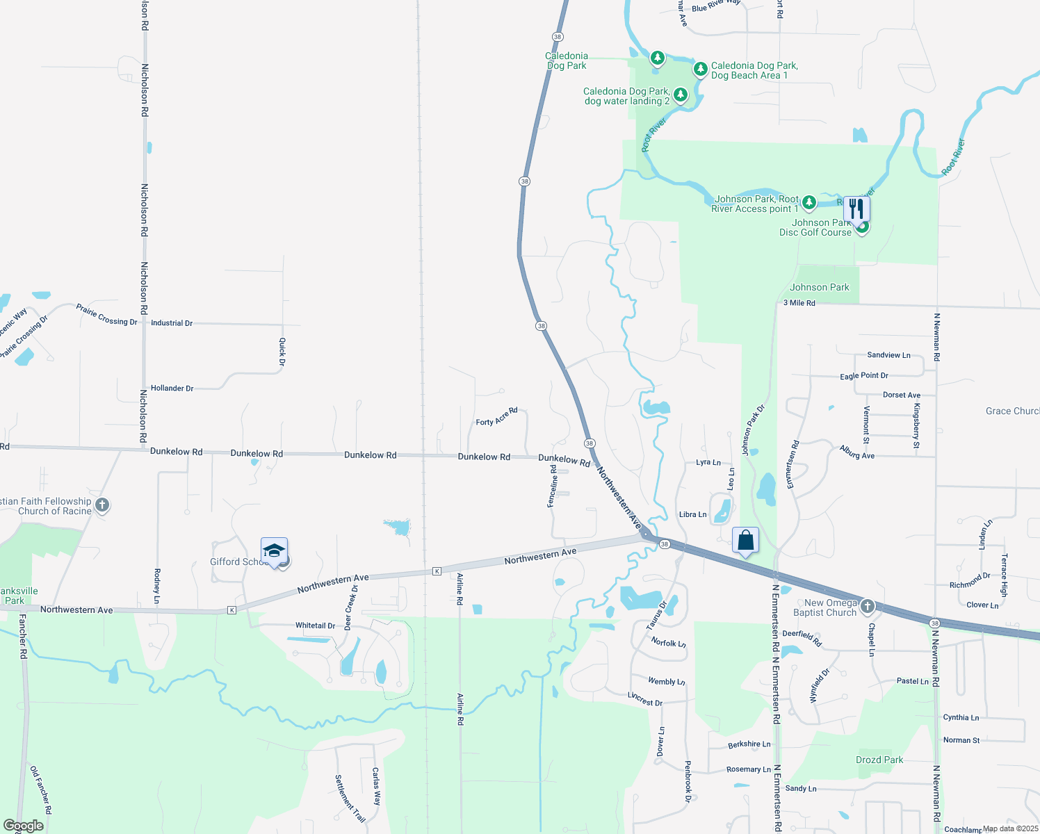 map of restaurants, bars, coffee shops, grocery stores, and more near 3616 Long Furrow Road in Caledonia