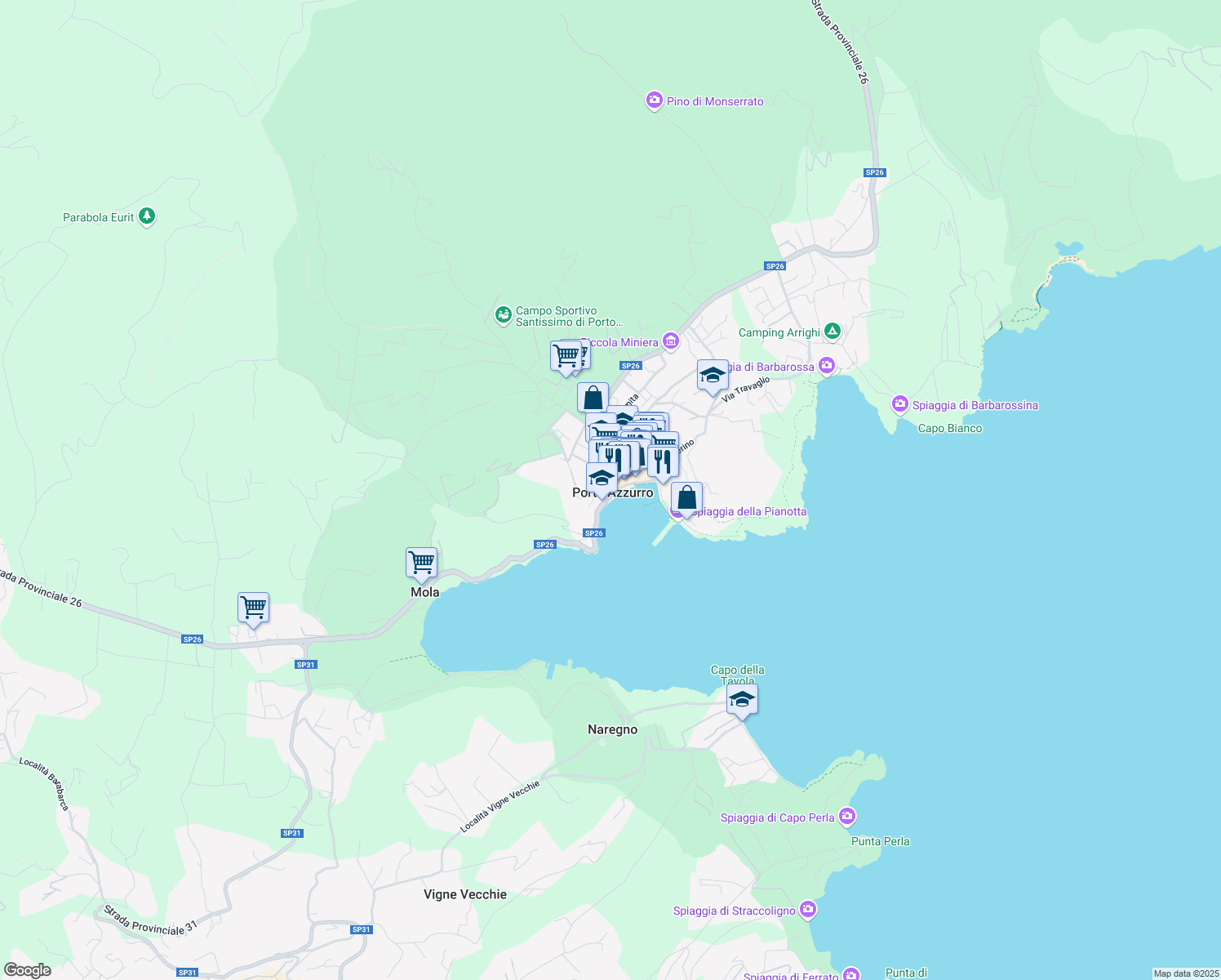 map of restaurants, bars, coffee shops, grocery stores, and more near 17 Viale Italia in Porto Azzurro