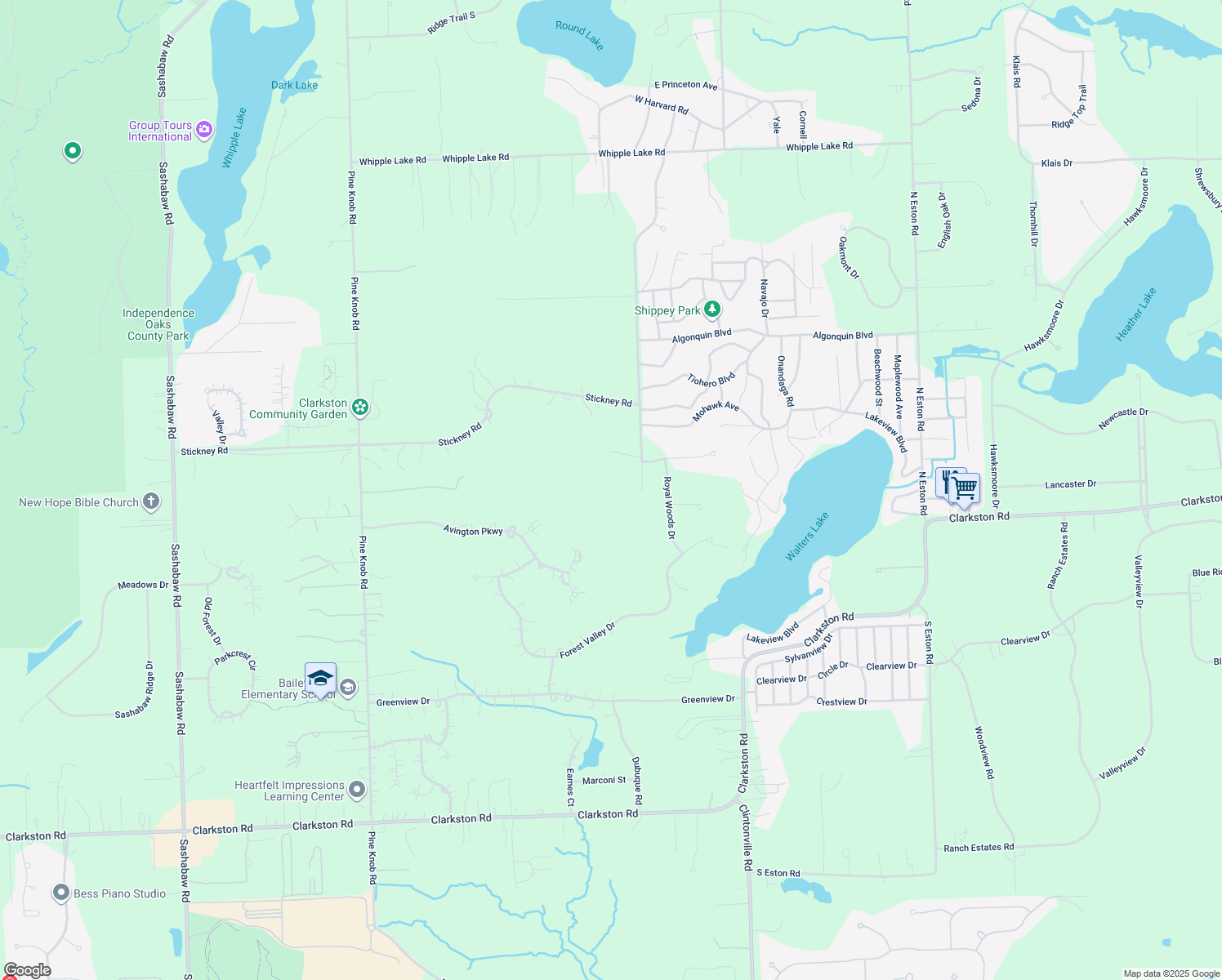 map of restaurants, bars, coffee shops, grocery stores, and more near 8685 Michigamme Road in Clarkston