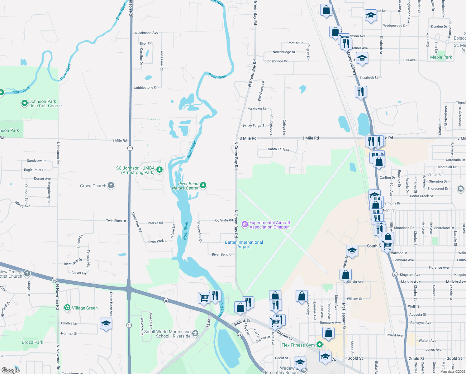 map of restaurants, bars, coffee shops, grocery stores, and more near 3636 N Green Bay Rd in Racine