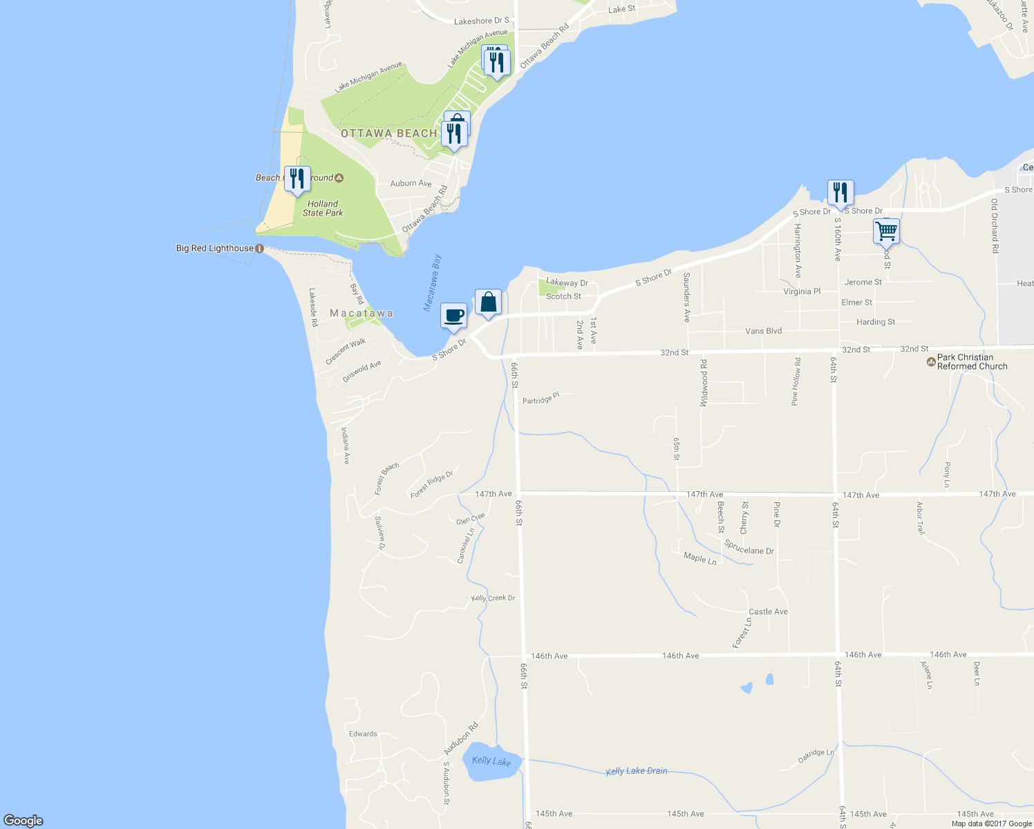 map of restaurants, bars, coffee shops, grocery stores, and more near 4749 66th Street in Holland