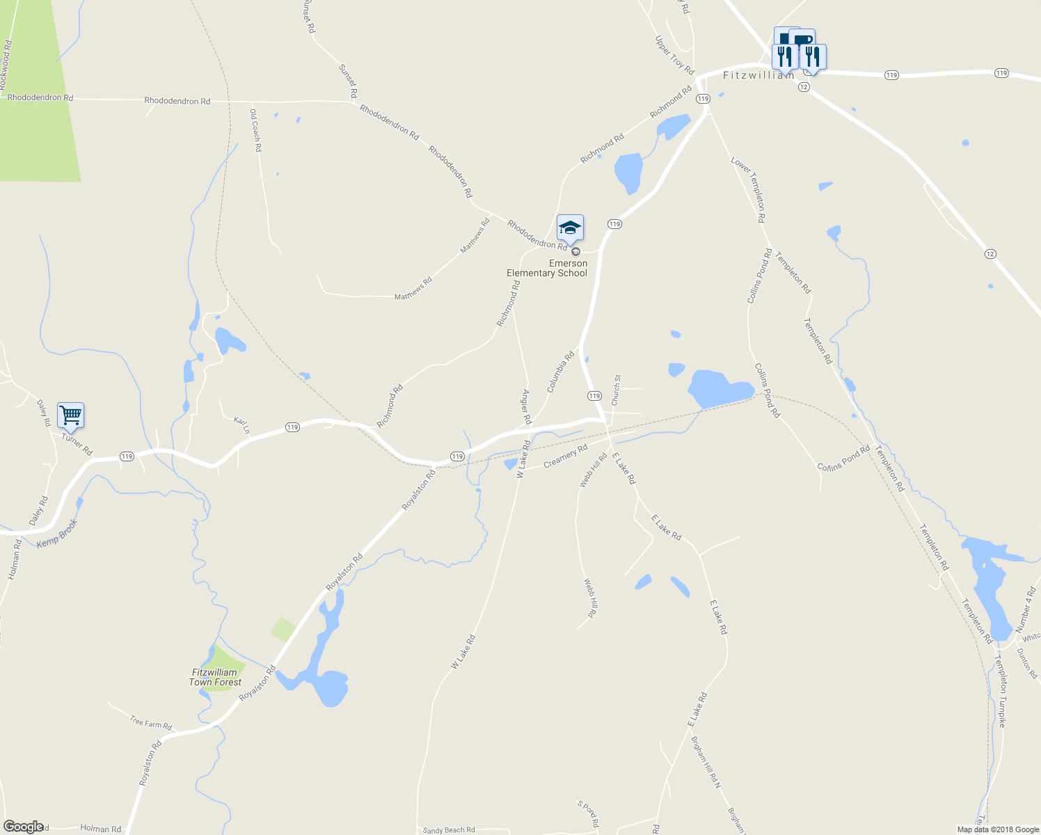 map of restaurants, bars, coffee shops, grocery stores, and more near 11 Angier Road in Fitzwilliam