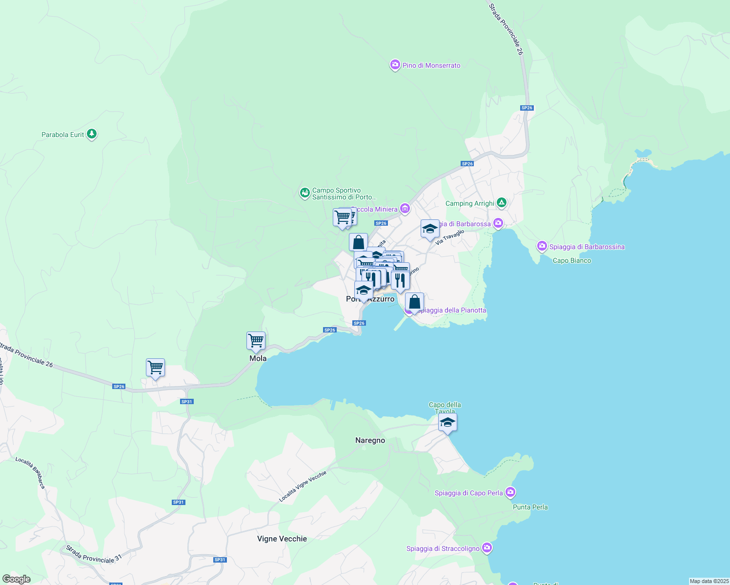 map of restaurants, bars, coffee shops, grocery stores, and more near 17 Viale Italia in Porto Azzurro