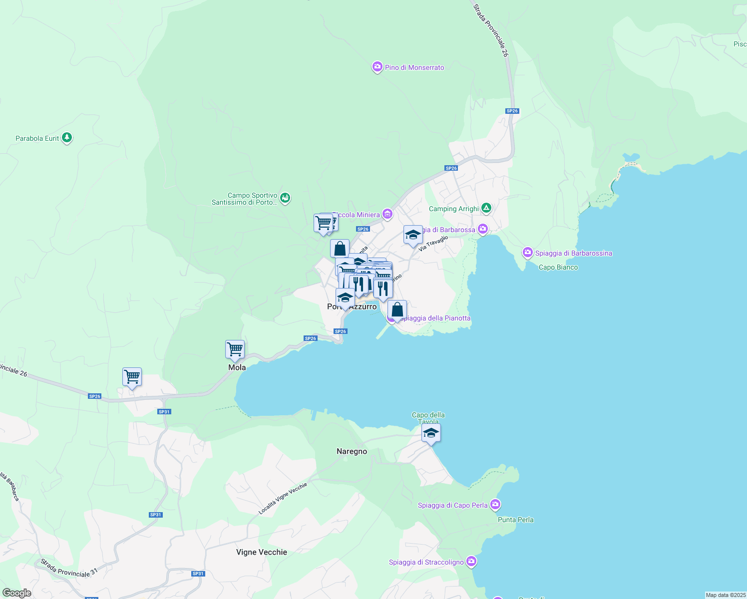 map of restaurants, bars, coffee shops, grocery stores, and more near 21 Piazza Giacomo Matteotti in Porto Azzurro