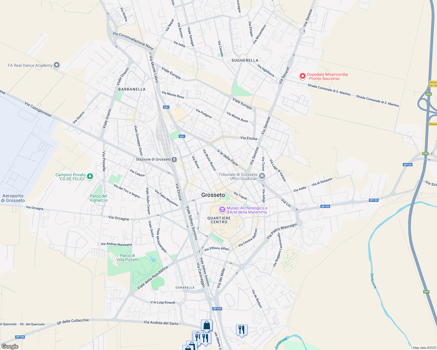 map of restaurants, bars, coffee shops, grocery stores, and more near 3-17 Via Guglielmo Oberdan in Grosseto