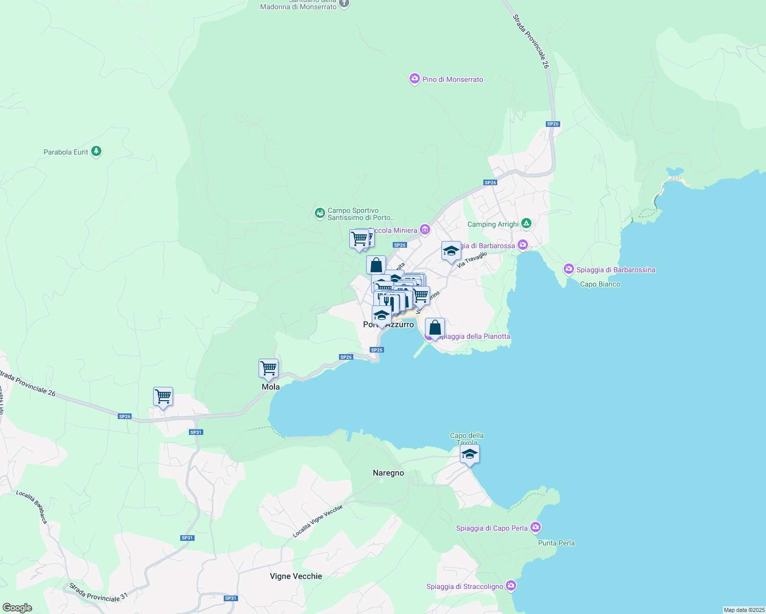 map of restaurants, bars, coffee shops, grocery stores, and more near 32 Viale Italia in Porto Azzurro