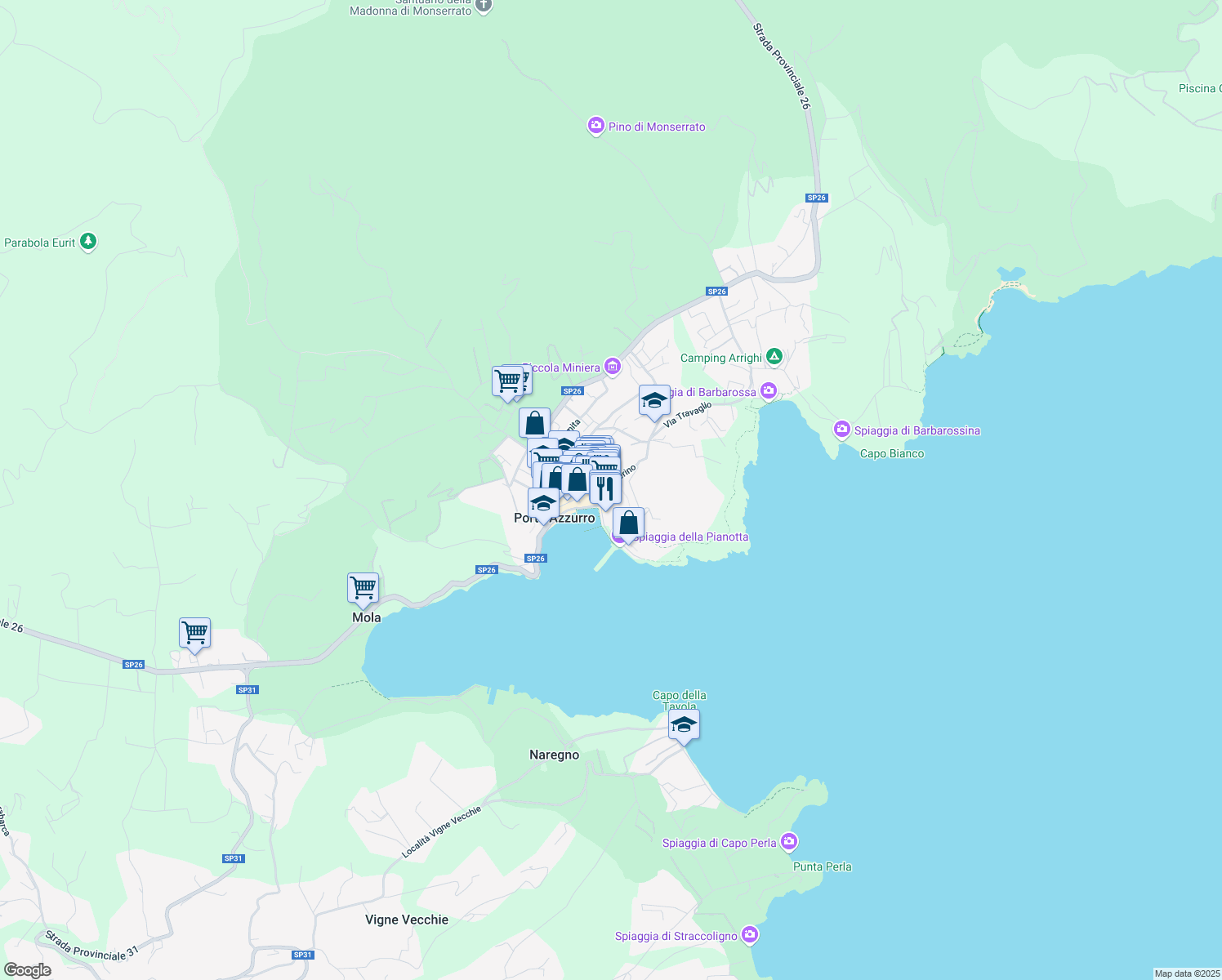map of restaurants, bars, coffee shops, grocery stores, and more near 36 Via Solferino in Porto Azzurro