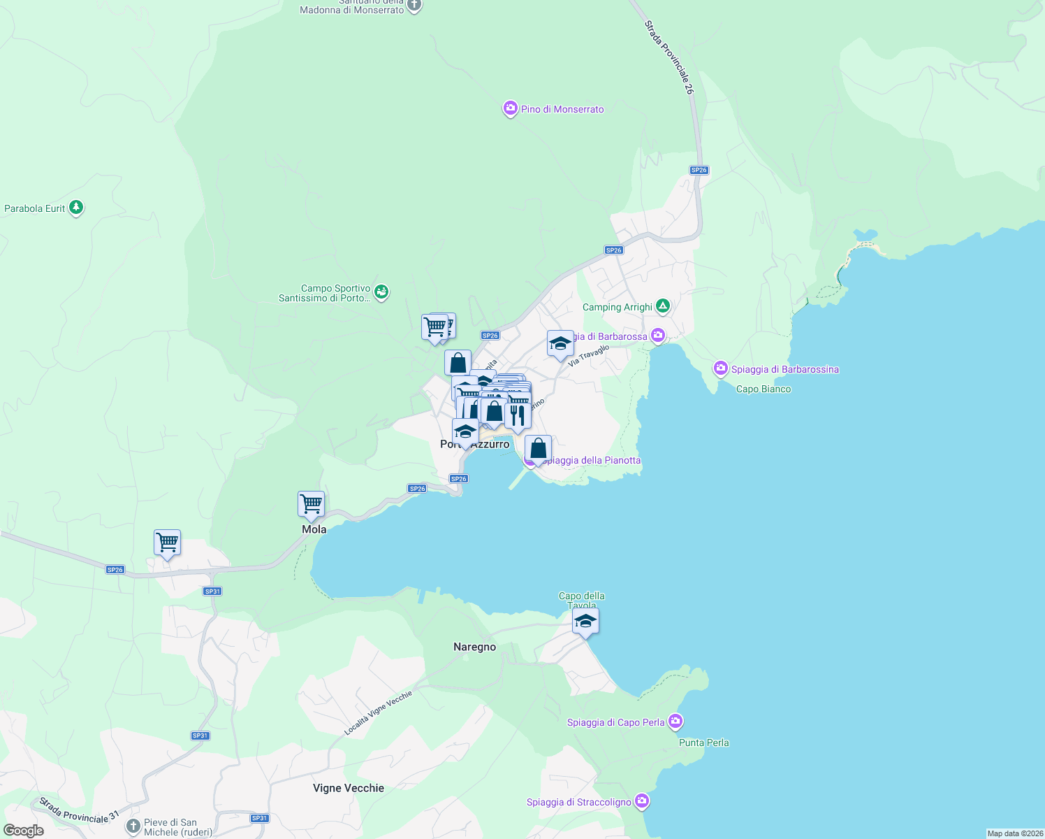 map of restaurants, bars, coffee shops, grocery stores, and more near 7 Vicolo del Calvario in Porto Azzurro