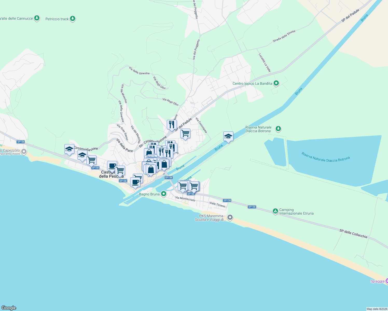 map of restaurants, bars, coffee shops, grocery stores, and more near 3 Via Orsa Maggiore in Castiglione della Pescaia