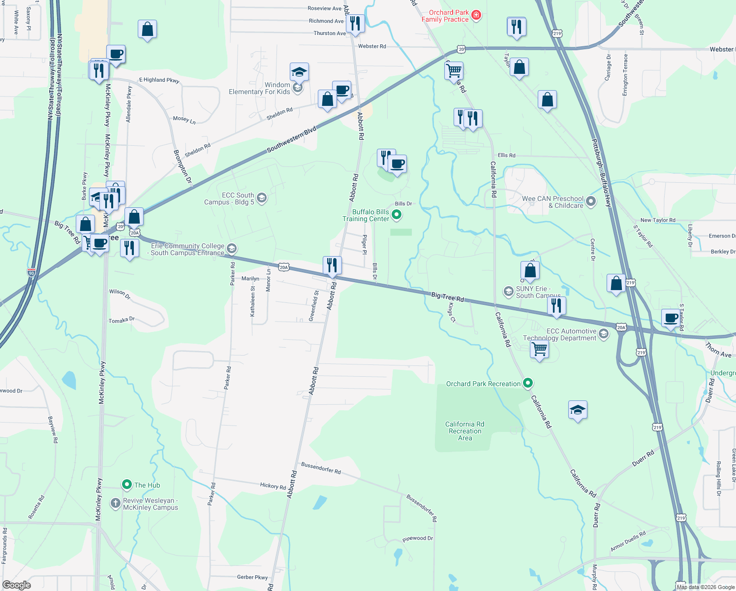 map of restaurants, bars, coffee shops, grocery stores, and more near 5265 Big Tree Rd in Orchard Park
