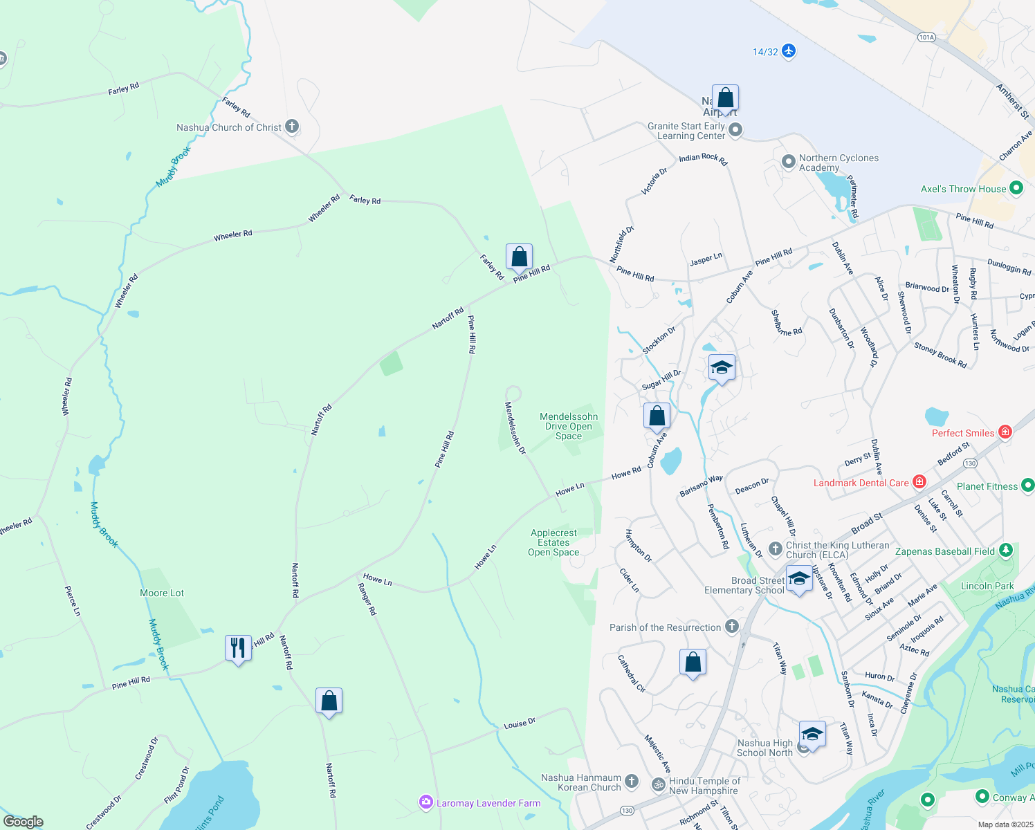 map of restaurants, bars, coffee shops, grocery stores, and more near 19 Mendelssohn Drive in Hollis