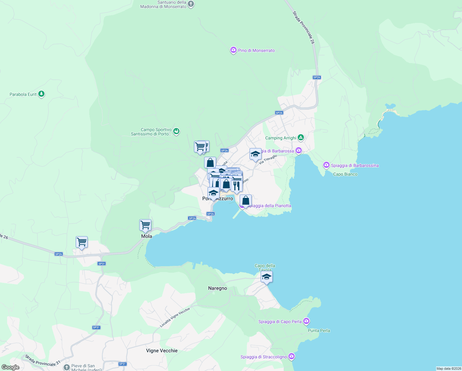 map of restaurants, bars, coffee shops, grocery stores, and more near 7 Vicolo del Calvario in Porto Azzurro