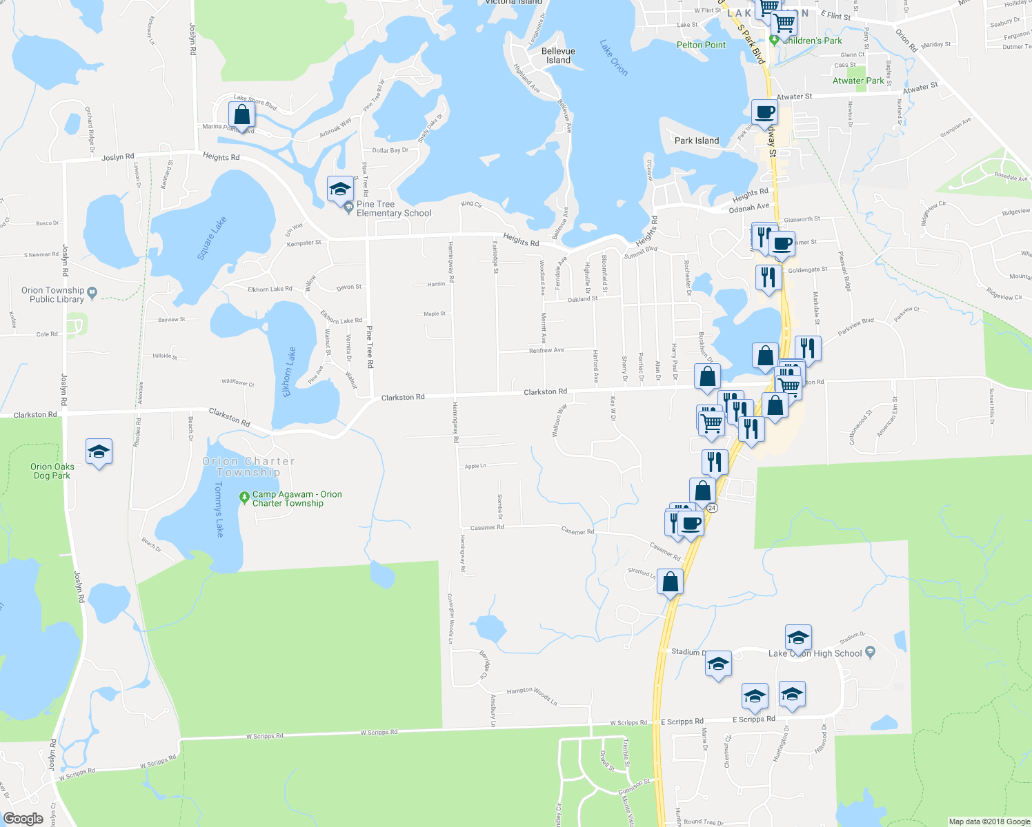 map of restaurants, bars, coffee shops, grocery stores, and more near 625 Clarkston Road in Orion charter Township