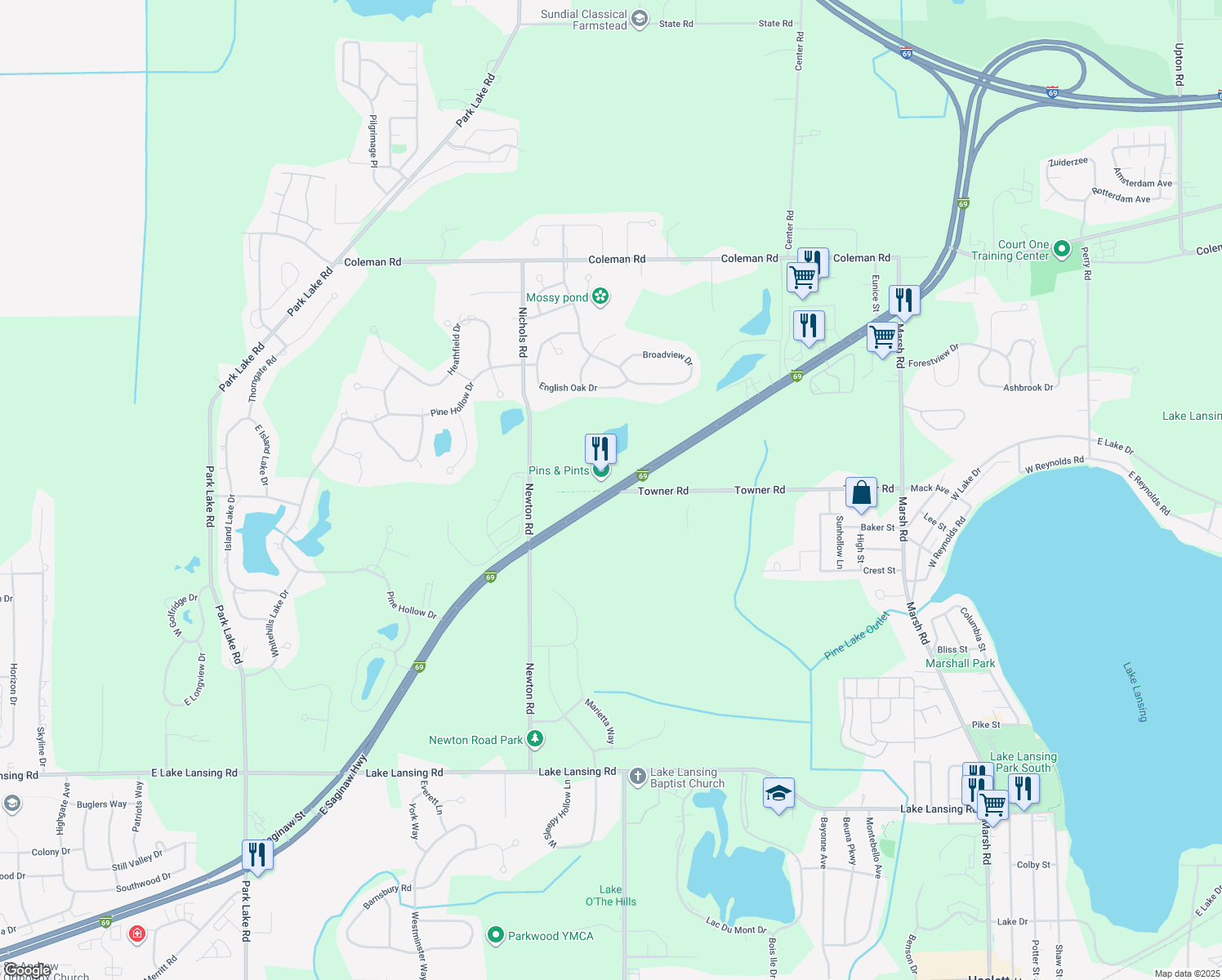 map of restaurants, bars, coffee shops, grocery stores, and more near 2118 Interstate 69 Business in Meridian Charter Township
