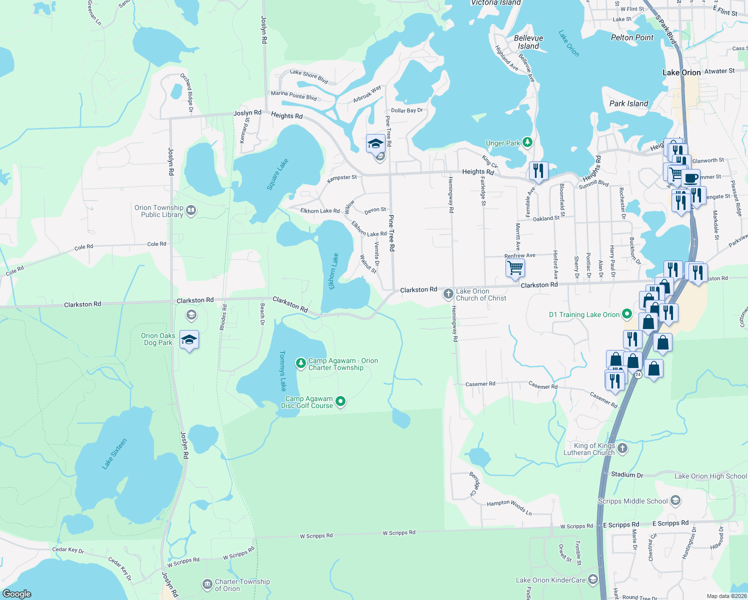 map of restaurants, bars, coffee shops, grocery stores, and more near 1031 Elm in Orion charter Township